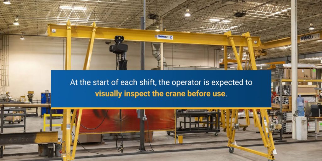 Image of a crane with text that reads "At the start of each shift, the operator is expected to visually inspect the crane before use."